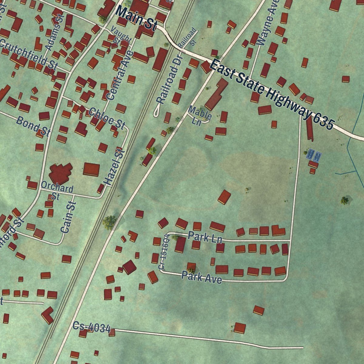 Close-up of the map of Science Hill, Kentucky print showing street and building detail
