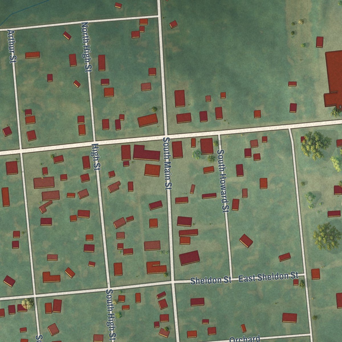 Close-up of the map of Carsonville, Michigan print showing street and building detail