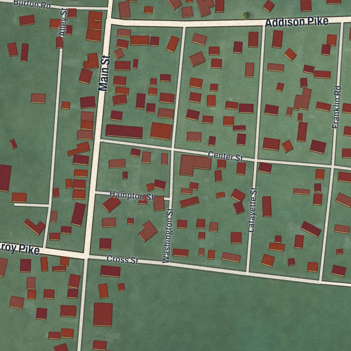 Close-up of the map of Casstown, Ohio print showing street and building detail
