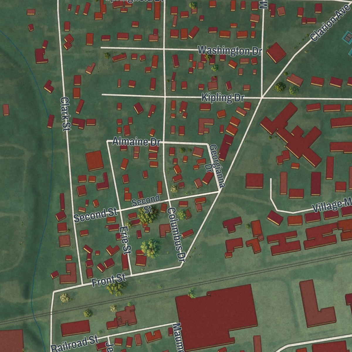 Close-up of the map of Holland, Ohio print showing street and building detail