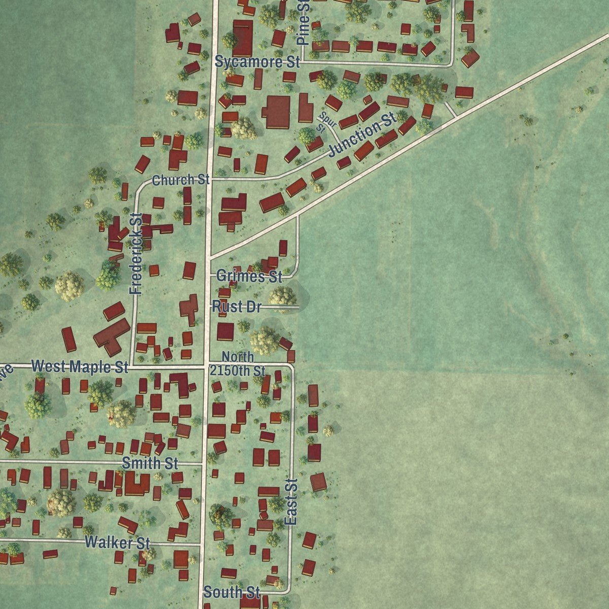 Close-up of the map of Ursa, Illinois print showing street and building detail