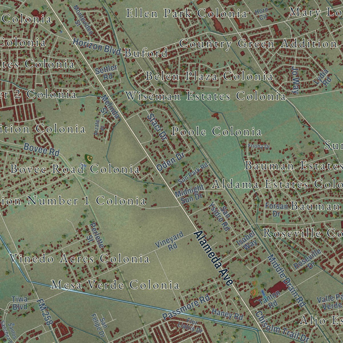 Close-up of the map of Socorro, Texas print showing street and building detail