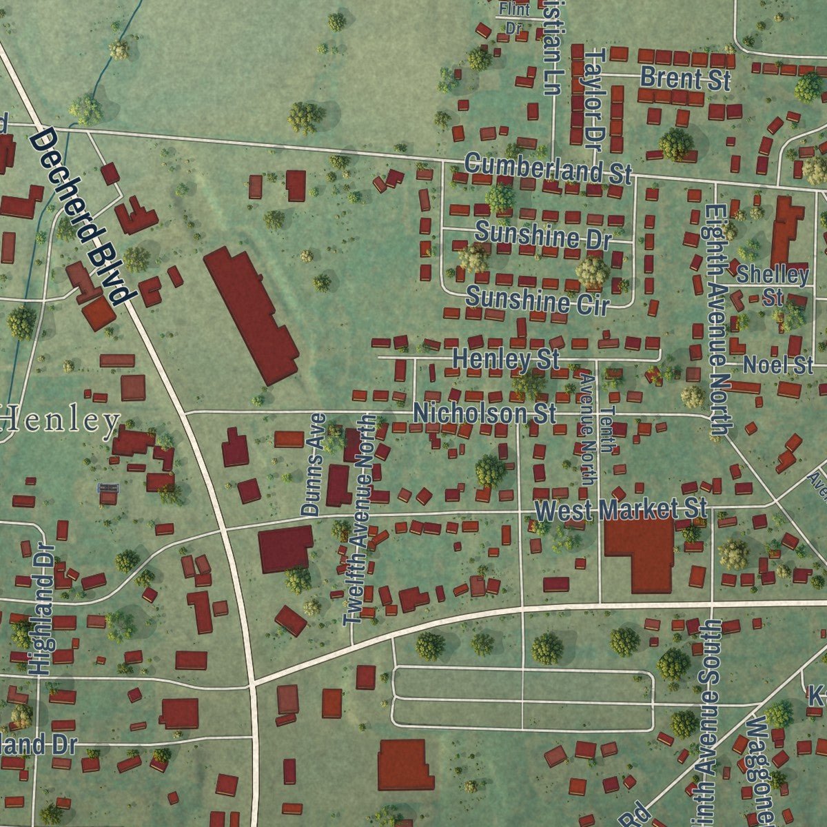Close-up of the map of Decherd, Tennessee print showing street and building detail