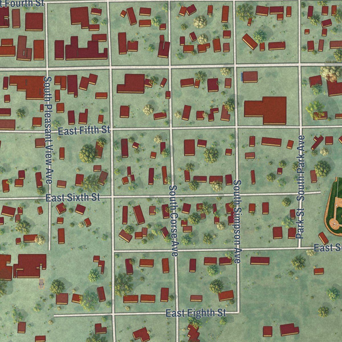 Close-up of the map of Corsica, South Dakota print showing street and building detail