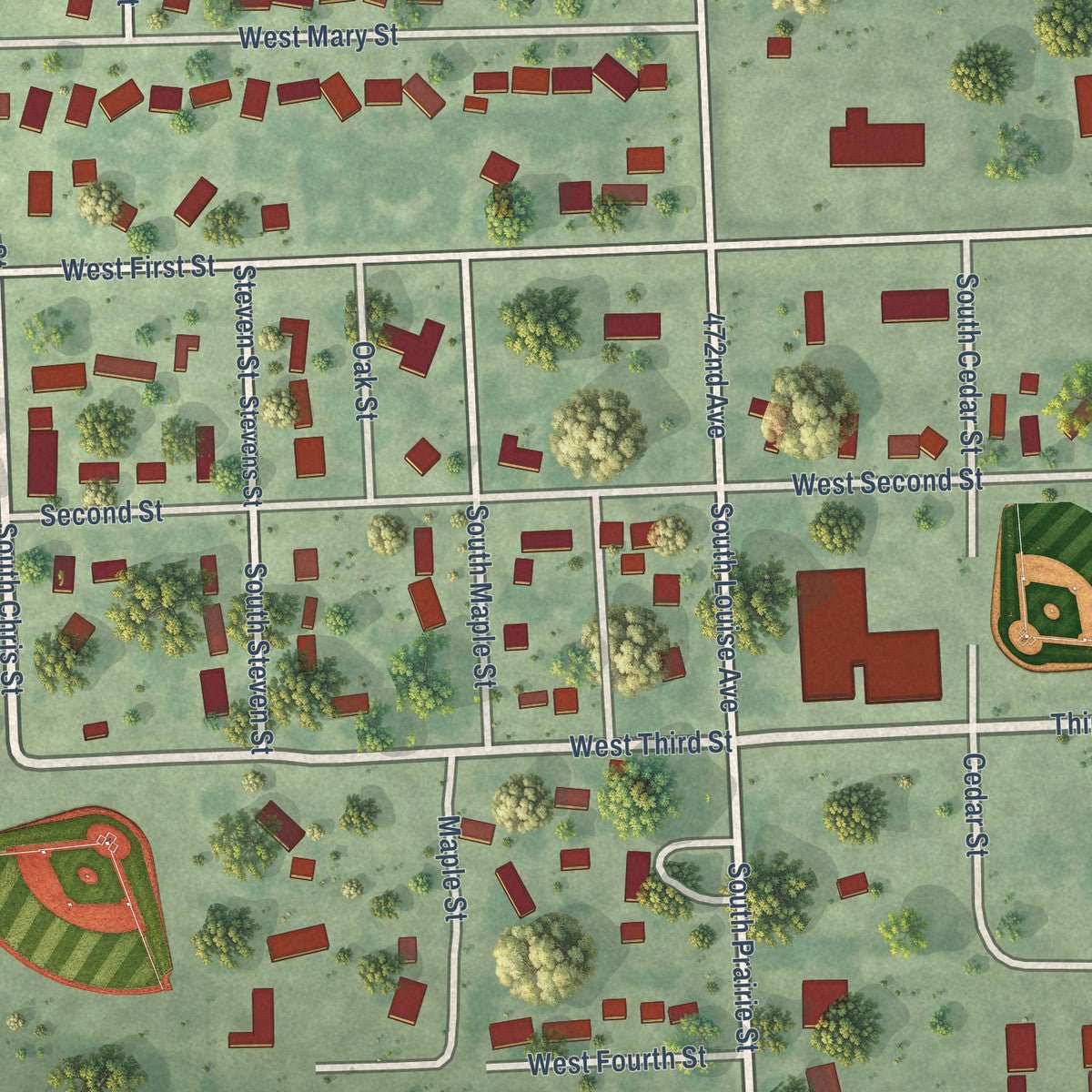 Close-up of the map of Worthing, South Dakota print showing street and building detail