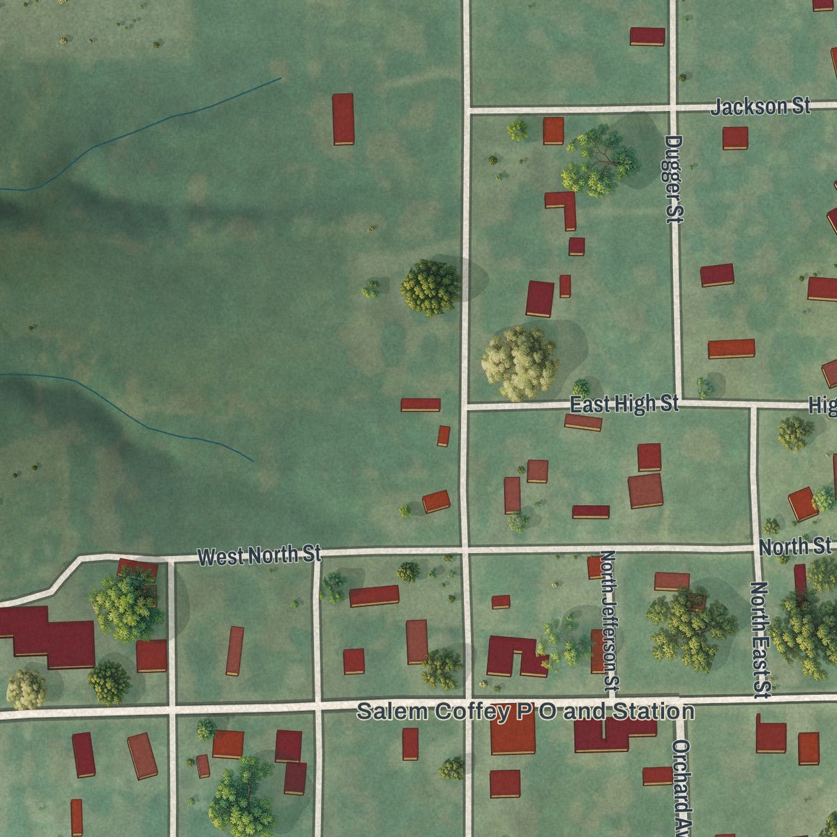 Close-up of the map of Coffey, Missouri print showing street and building detail
