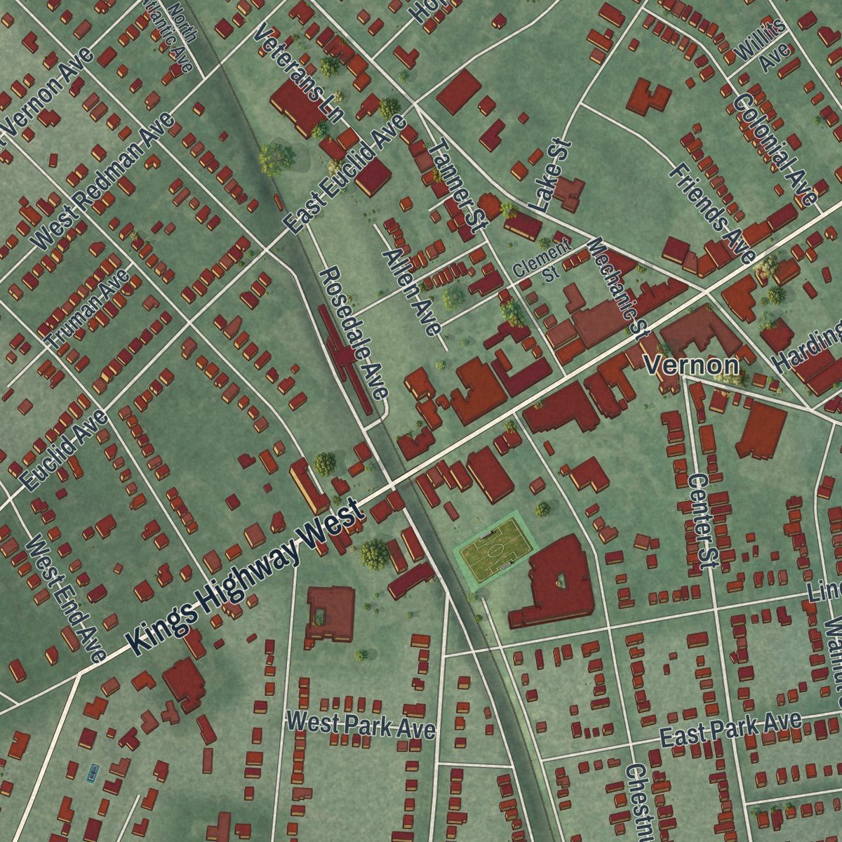 Close-up of the map of Haddonfield, New Jersey print showing street and building detail