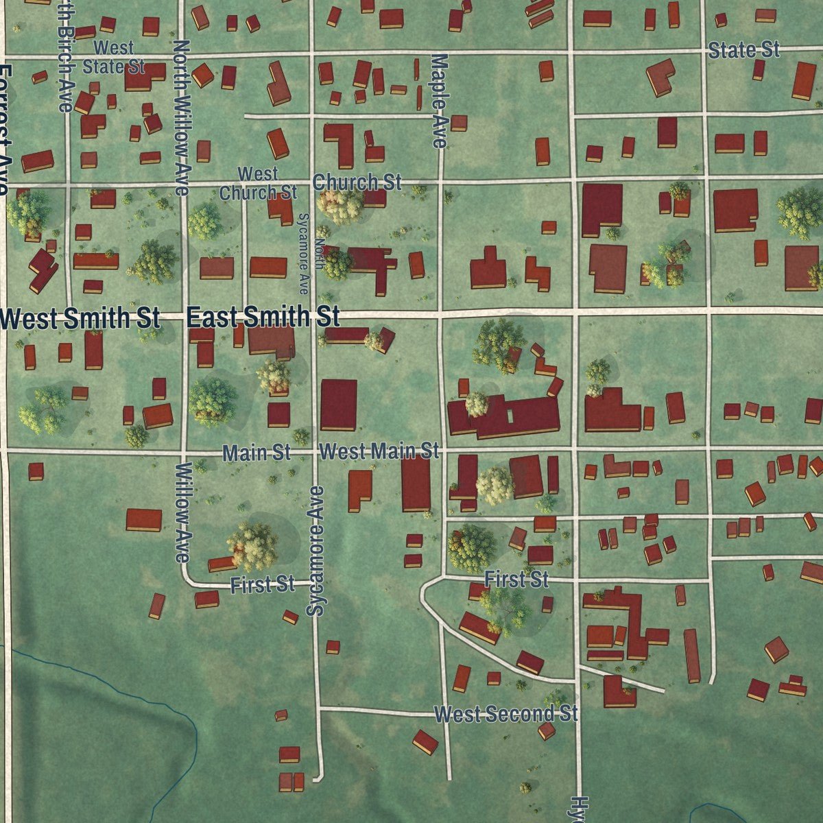 Close-up of the map of Stratford, Oklahoma print showing street and building detail