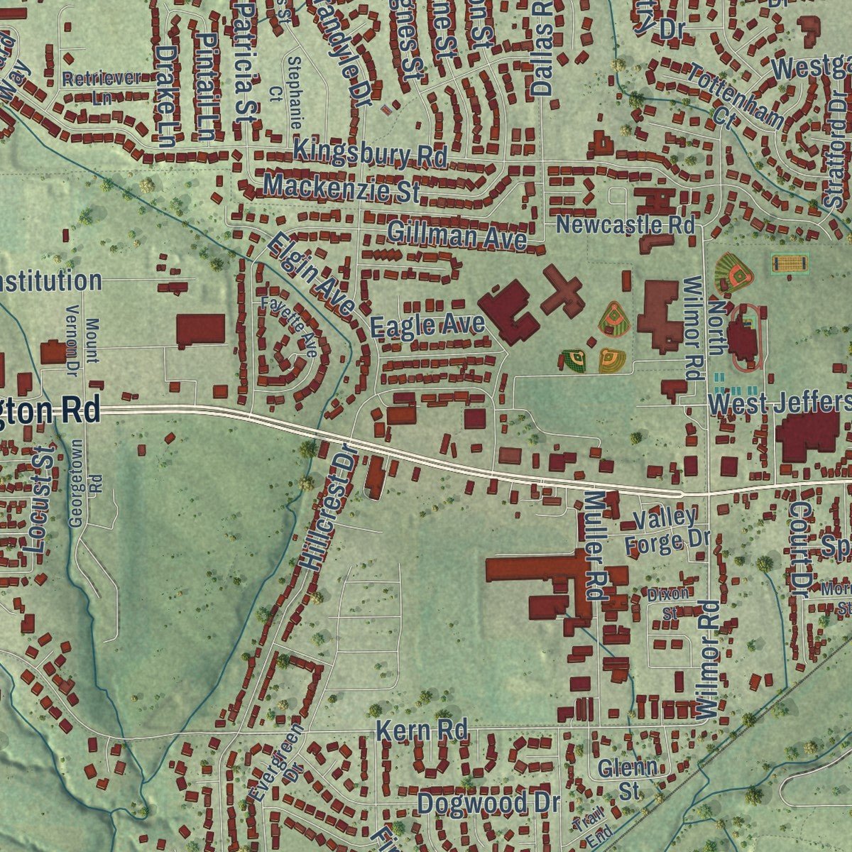 Close-up of the map of Washington, Illinois print showing street and building detail