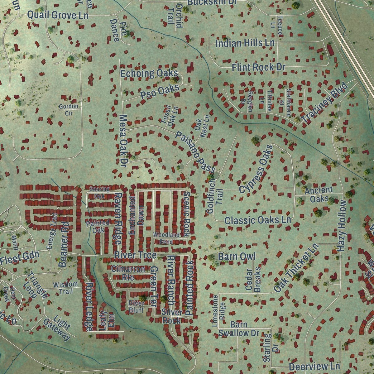 Close-up of the map of Scenic Oaks, Texas print showing street and building detail