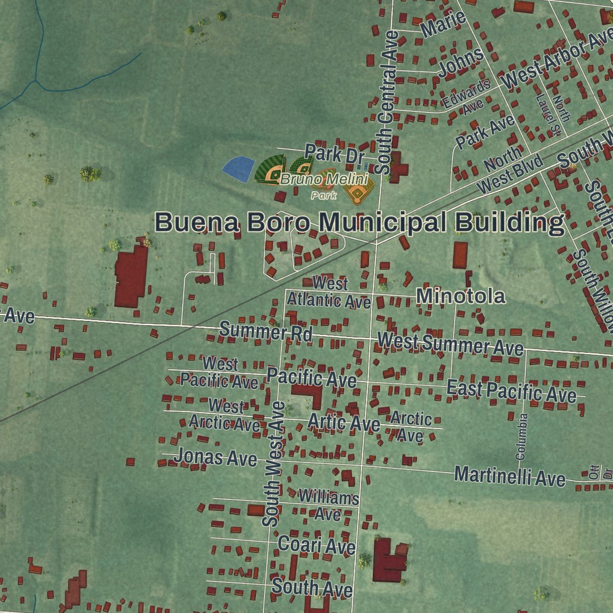 Close-up of the map of Buena, New Jersey print showing street and building detail