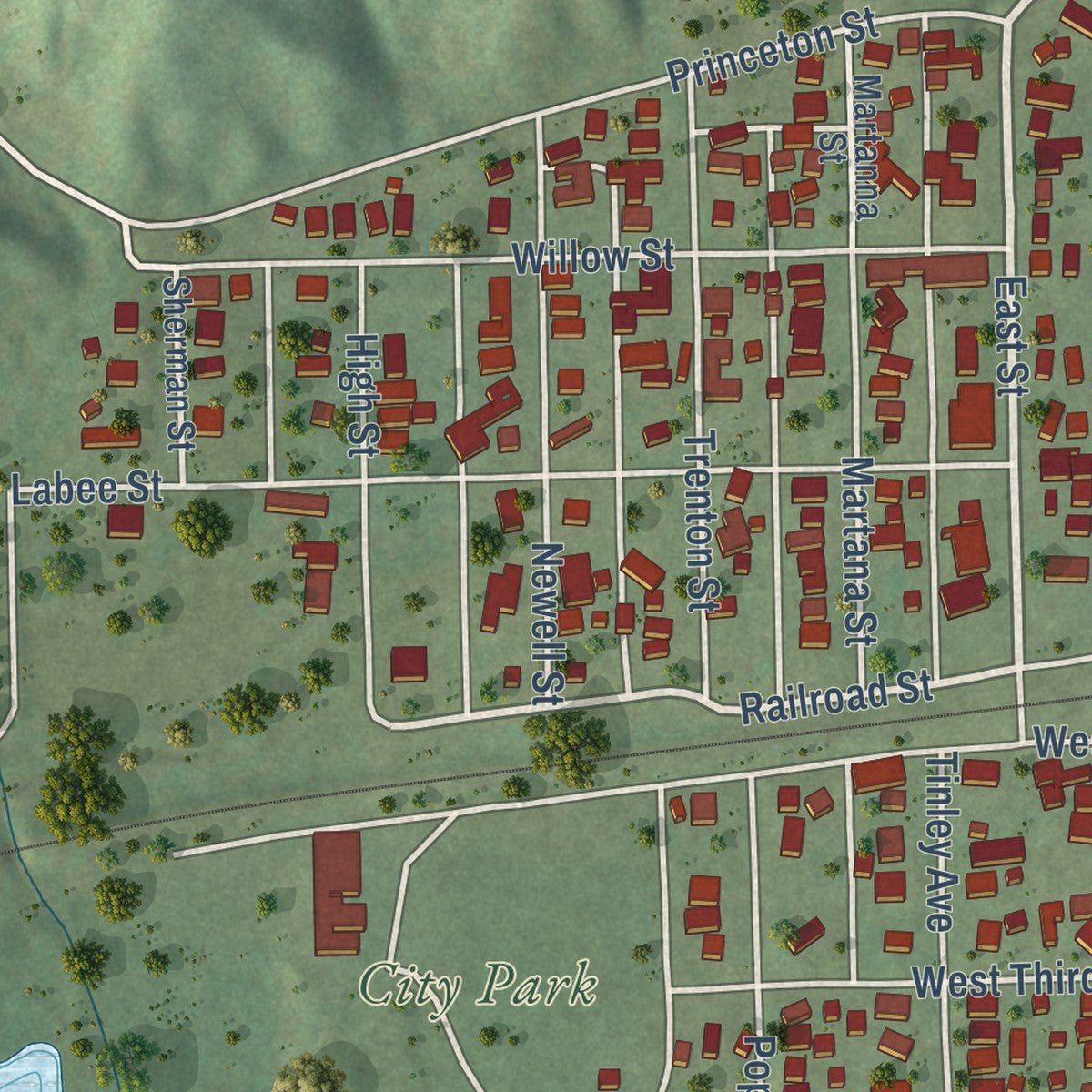 Close-up of the map of De Pue, Illinois print showing street and building detail