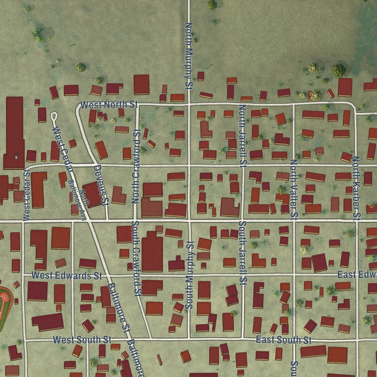 Close-up of the map of Ridgway, Illinois print showing street and building detail