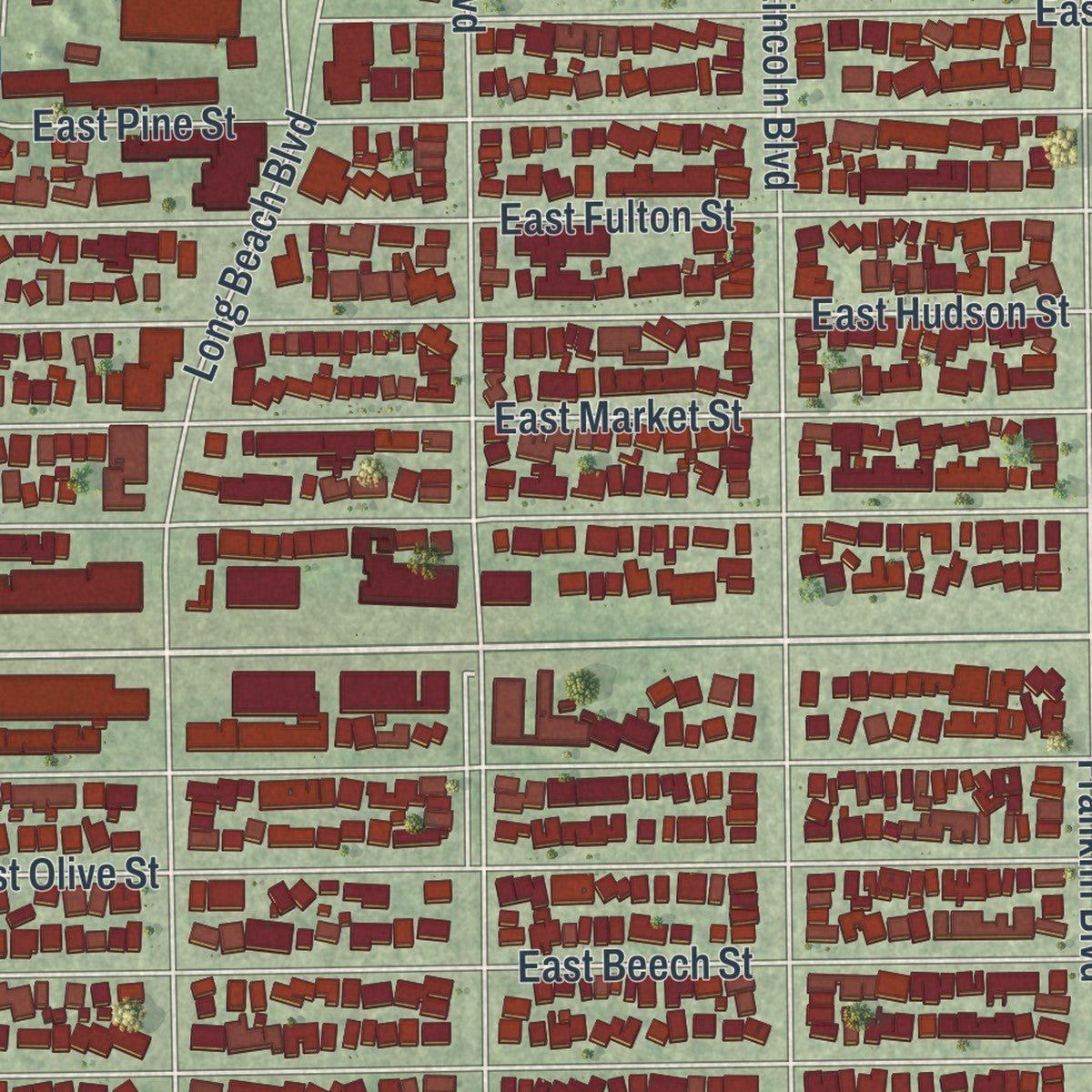 Close-up of the map of Long Beach, New York print showing street and building detail