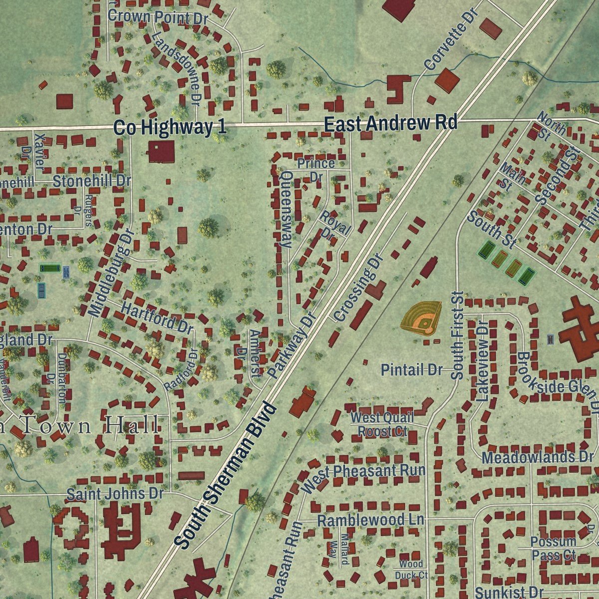 Close-up of the map of Sherman, Illinois print showing street and building detail
