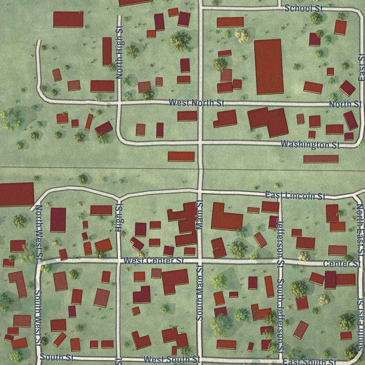 Close-up of the map of Ellsworth, Illinois print showing street and building detail