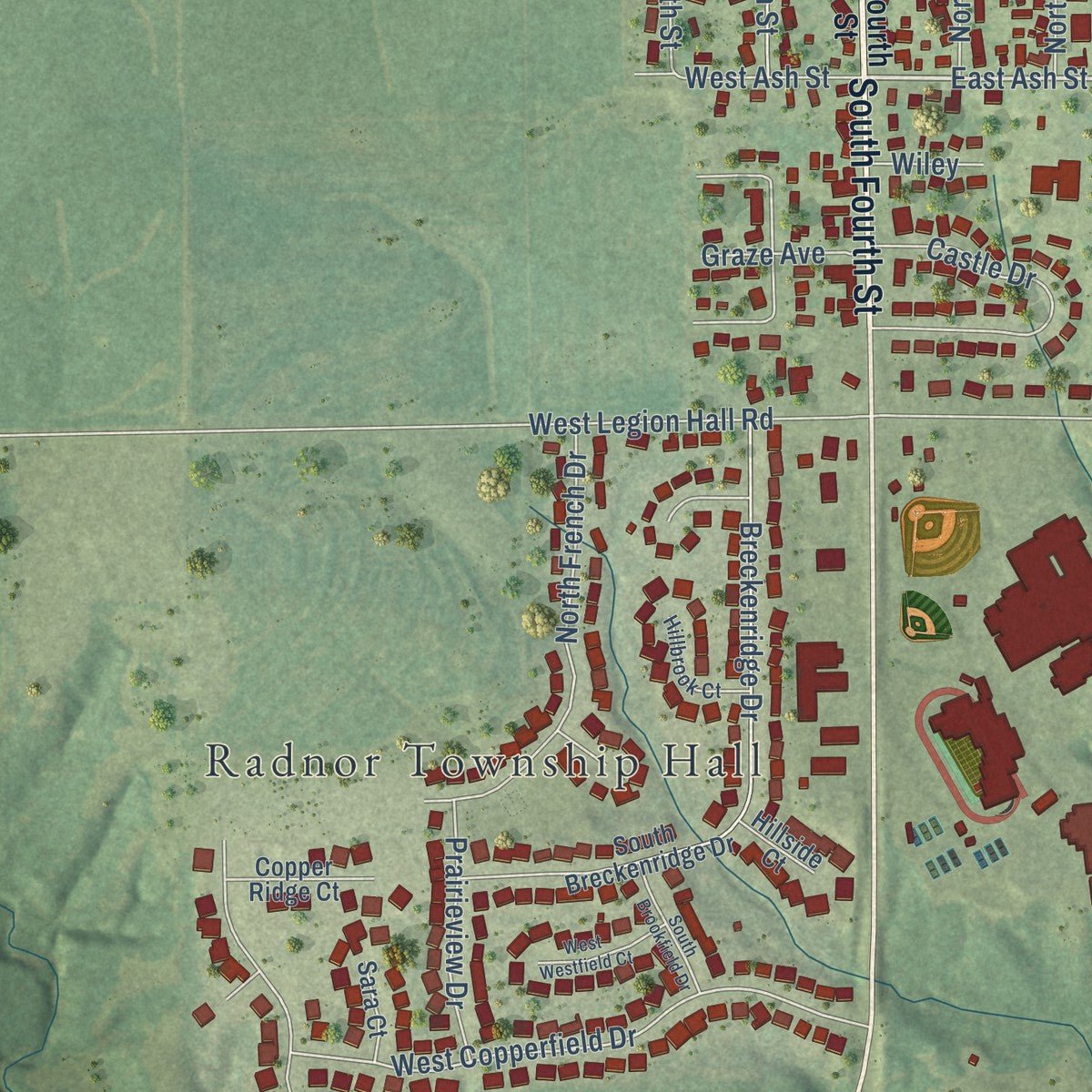Close-up of the map of Dunlap, Illinois print showing street and building detail