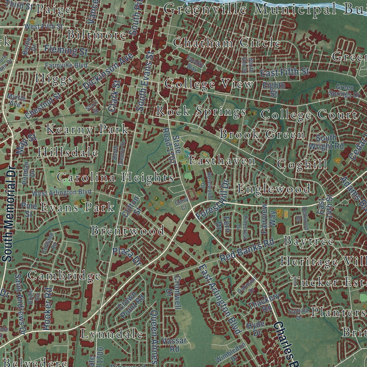 Close-up of the map of Greenville, North Carolina print showing street and building detail