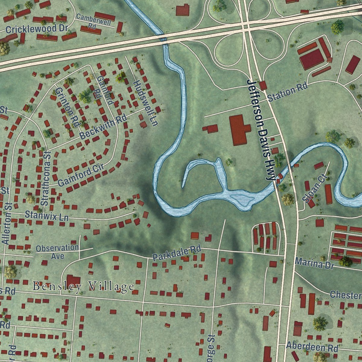 Close-up of the map of Bensley, Virginia print showing street and building detail