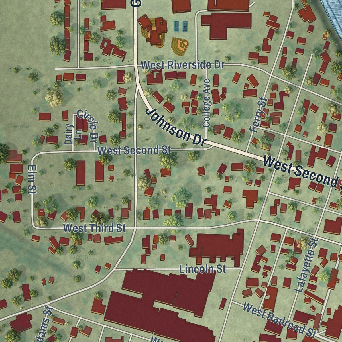 Close-up of the map of Prophetstown, Illinois print showing street and building detail
