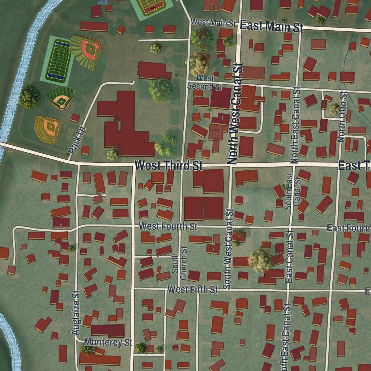 Close-up of the map of Ottoville, Ohio print showing street and building detail