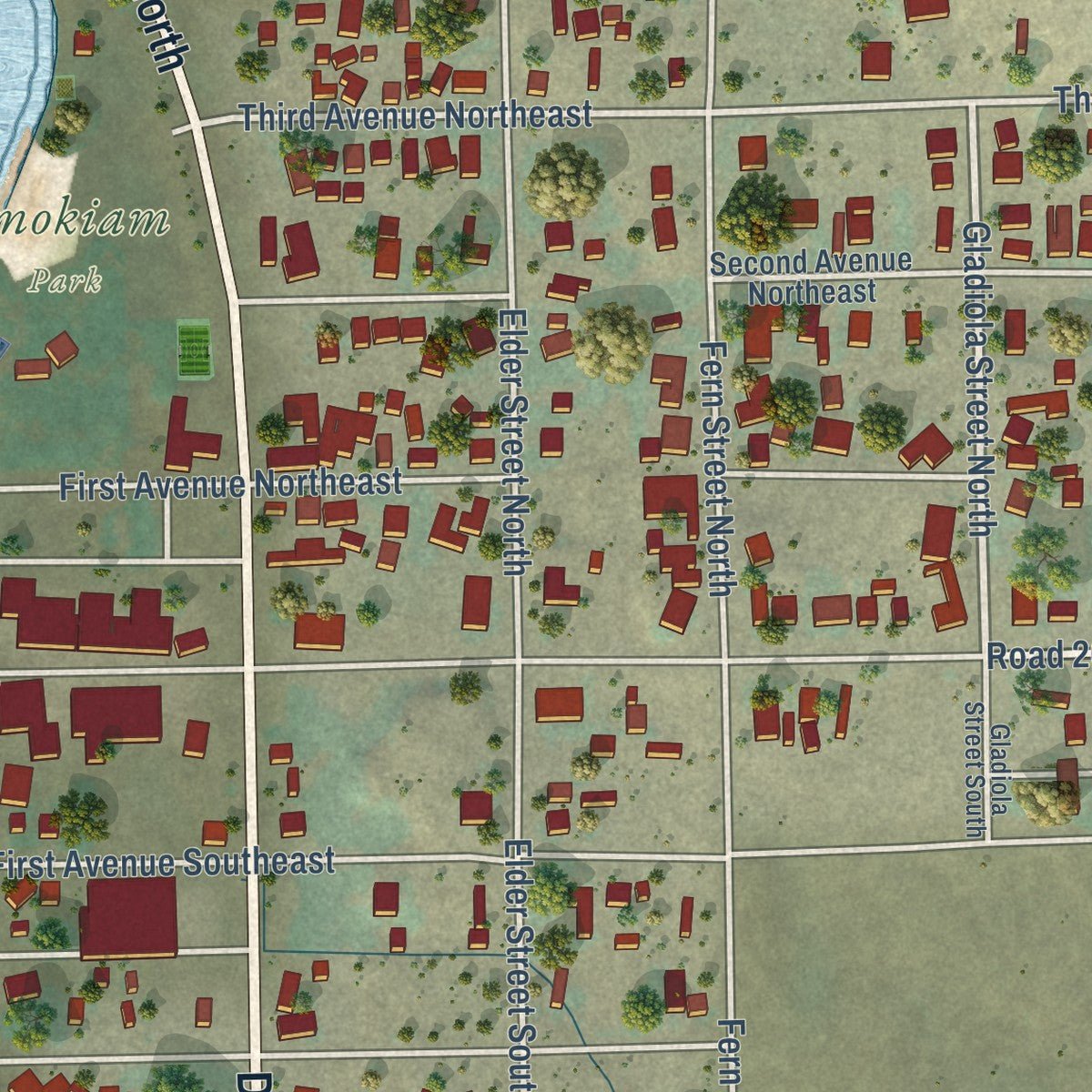 Close-up of the map of Soap Lake, Washington print showing street and building detail