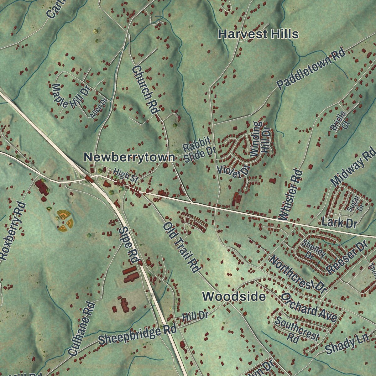 Close-up of the map of Newberry, Pennsylvania print showing street and building detail