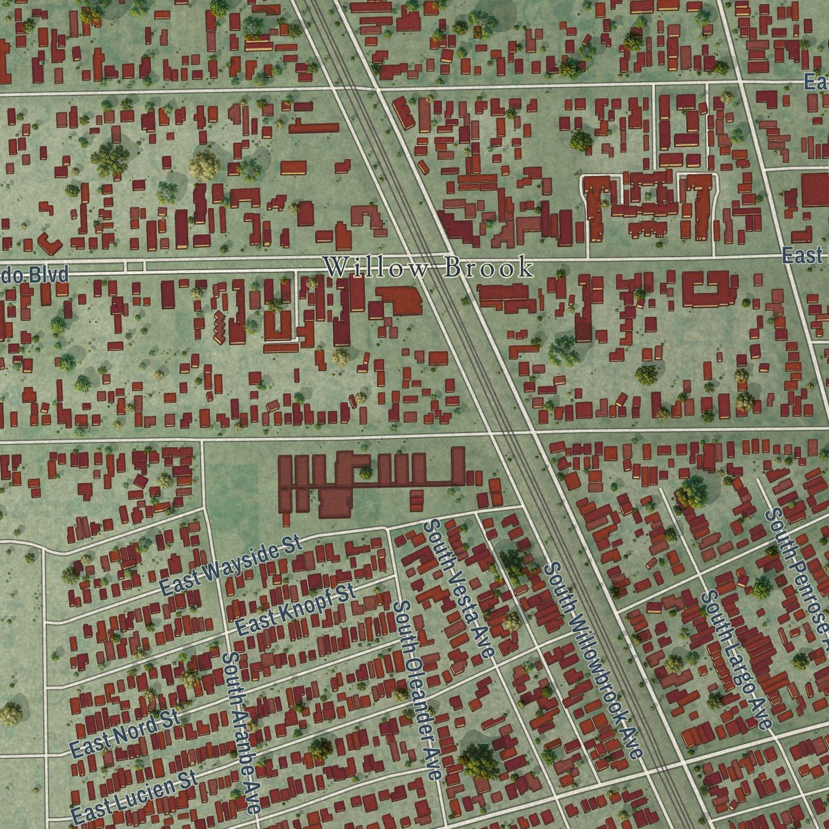 Close-up of the map of Willowbrook, California print showing street and building detail
