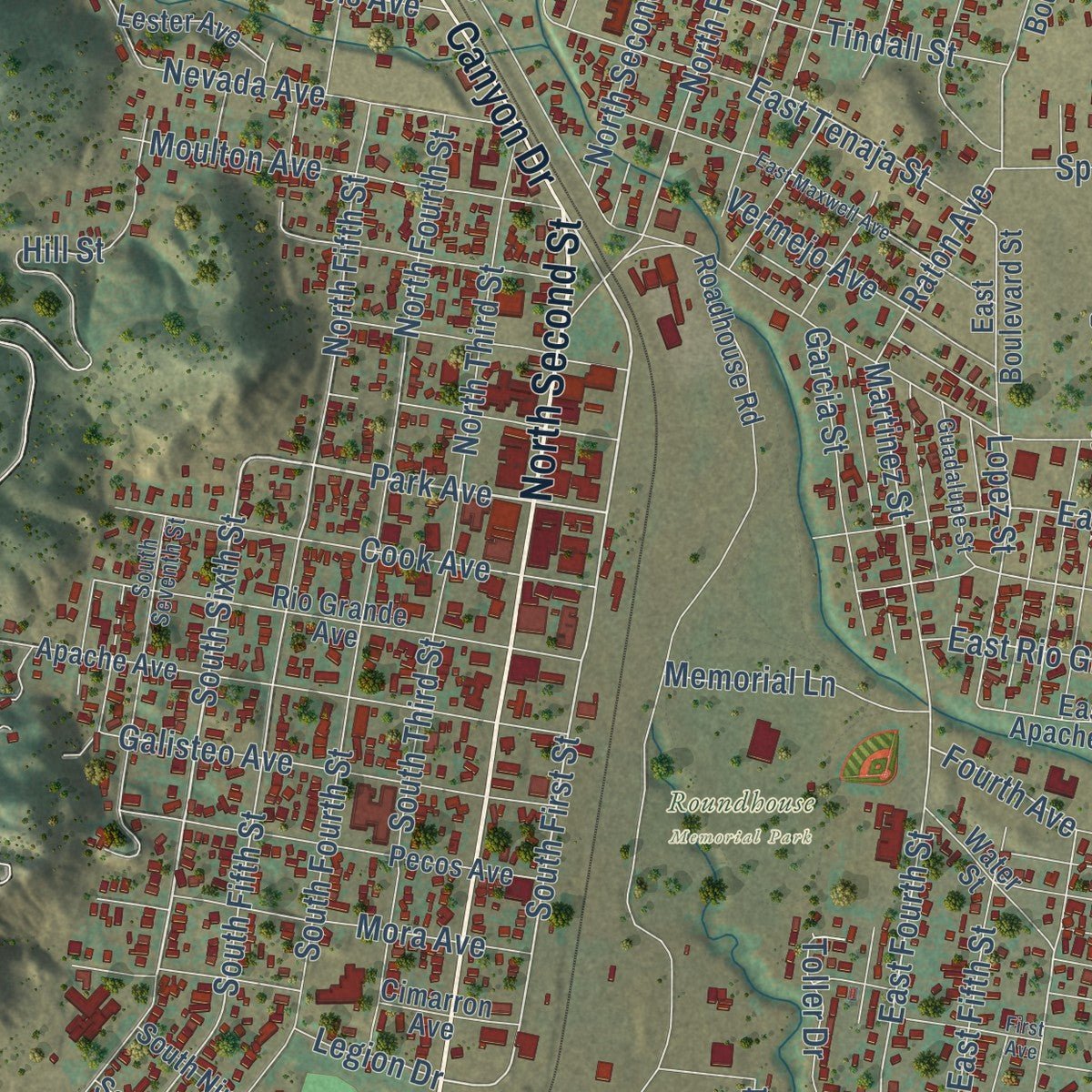 Close-up of the map of Raton, New Mexico print showing street and building detail