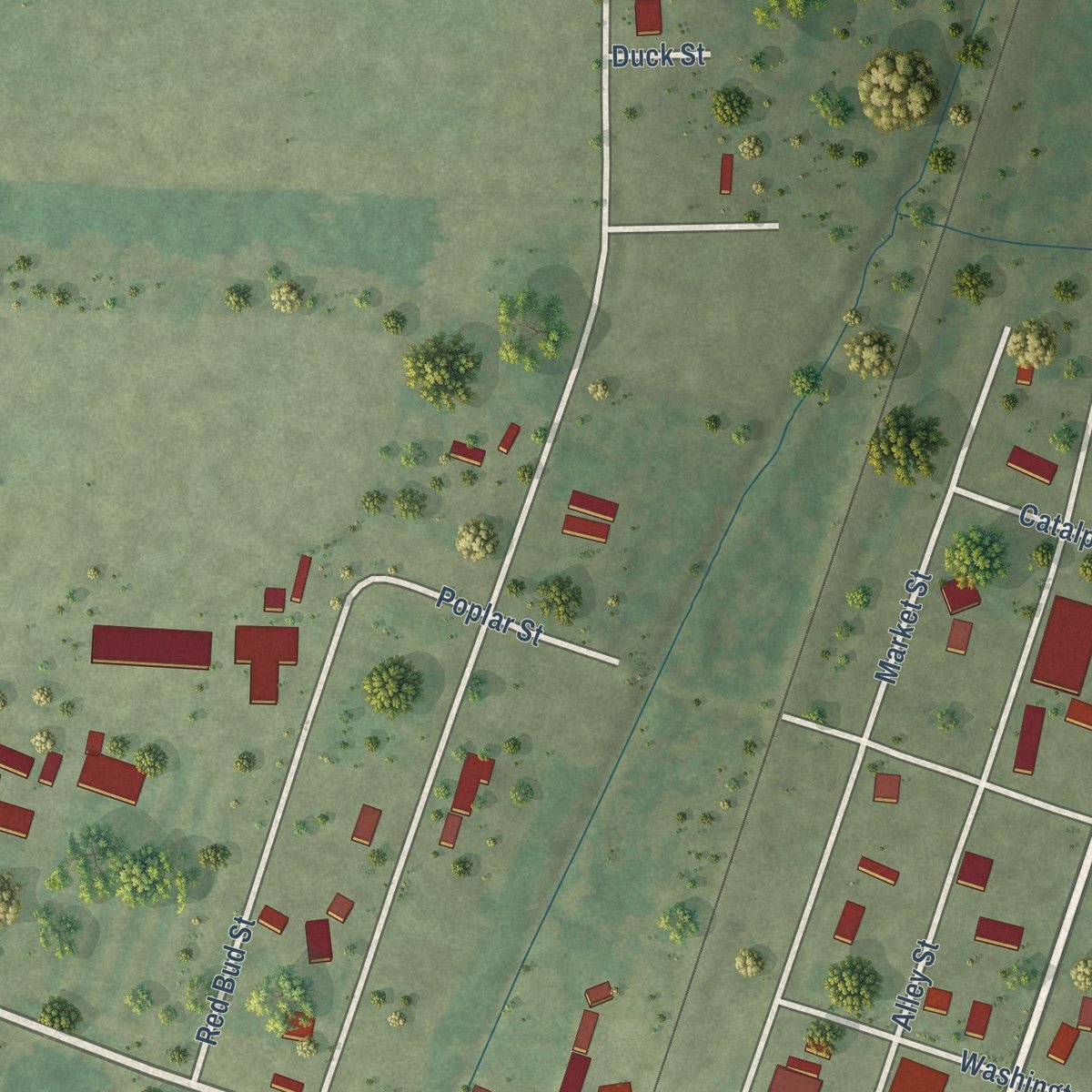 Close-up of the map of Pulaski, Illinois print showing street and building detail