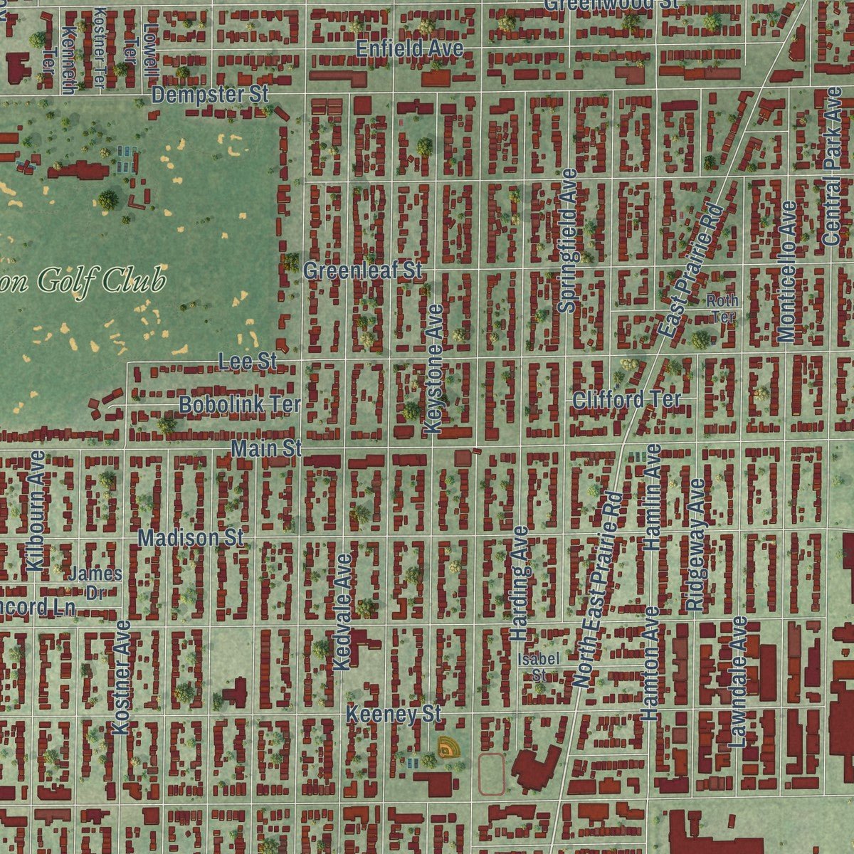 Close-up of the map of Skokie, Illinois print showing street and building detail