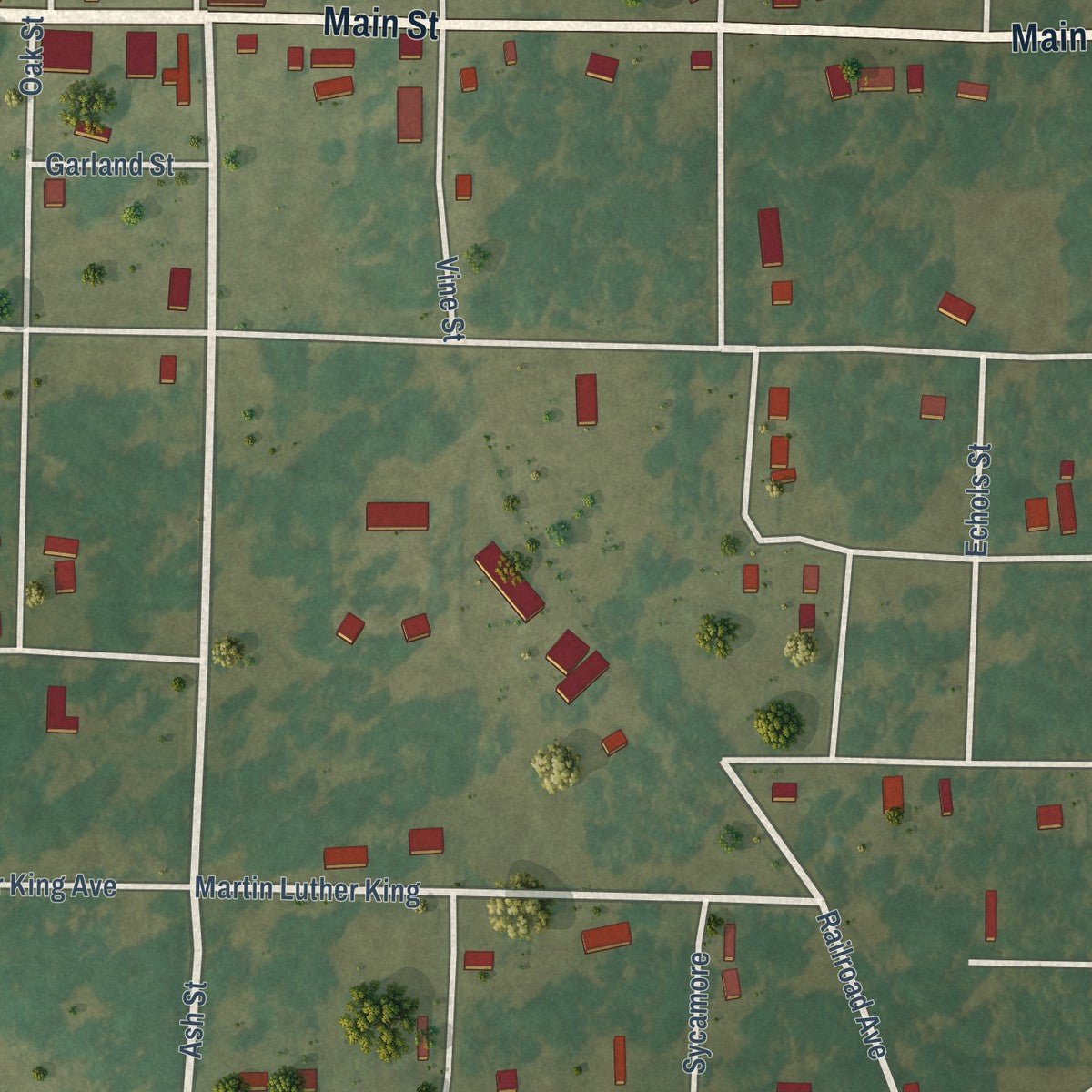 Close-up of the map of Cotton Plant, Arkansas print showing street and building detail