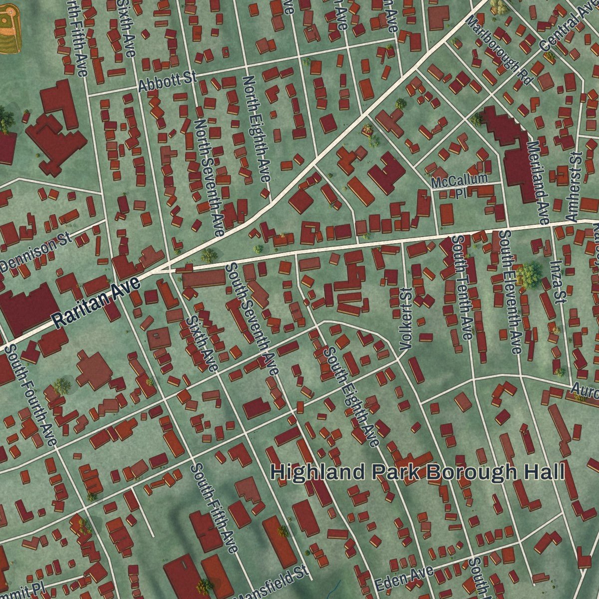 Close-up of the map of Highland Park, New Jersey print showing street and building detail
