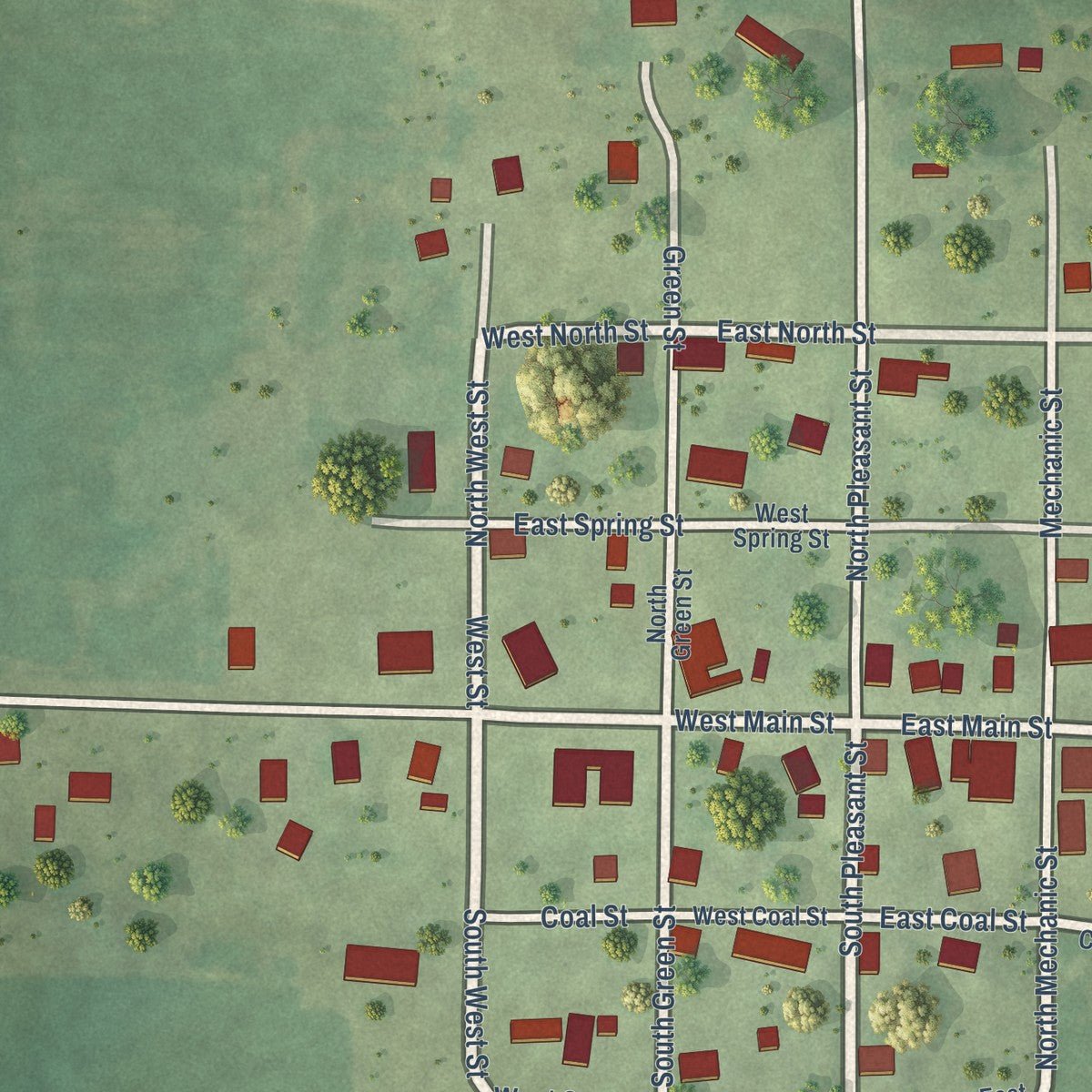 Close-up of the map of Ellisville, Illinois print showing street and building detail