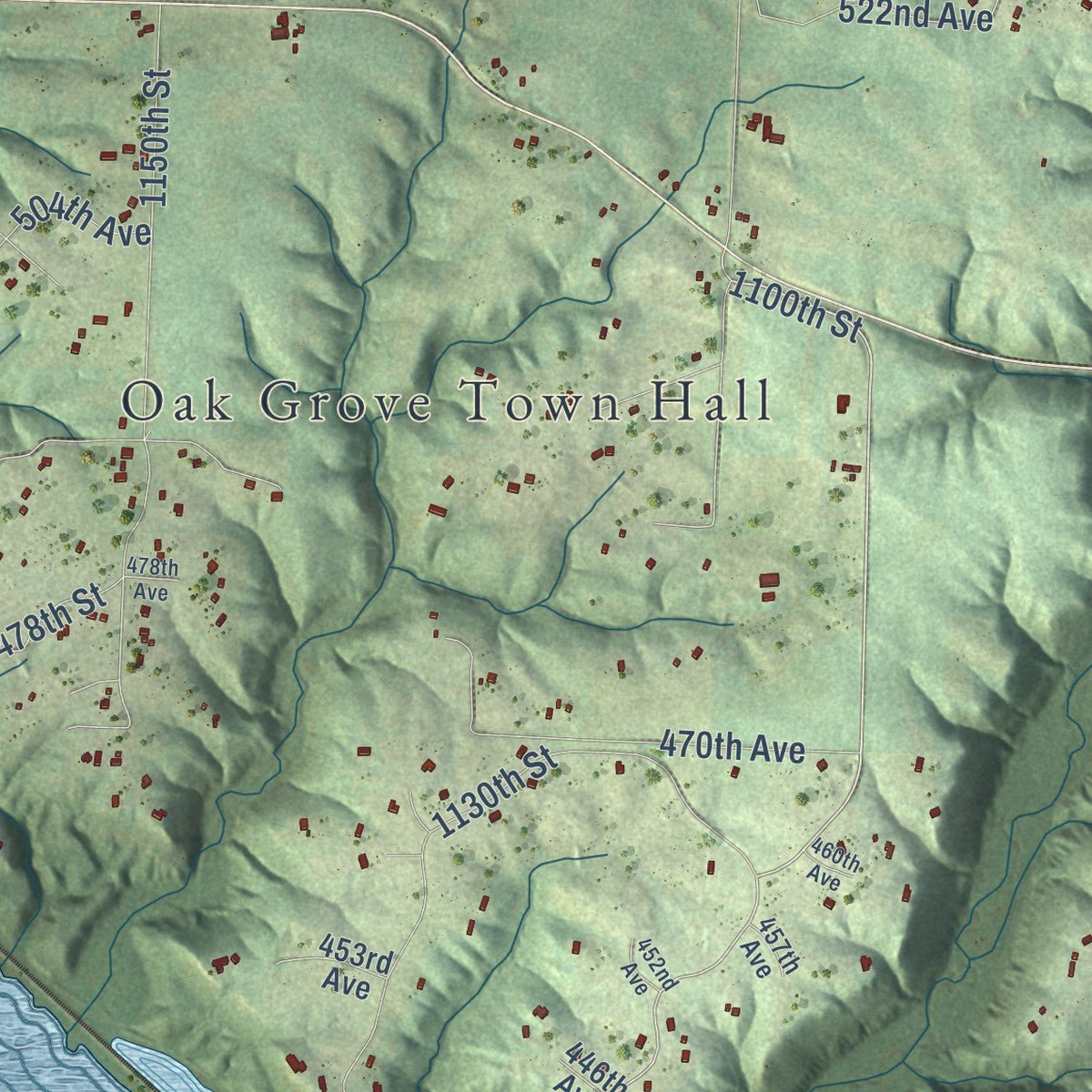 Close-up of the map of Oak Grove, Pierce County, Wisconsin print showing street and building detail