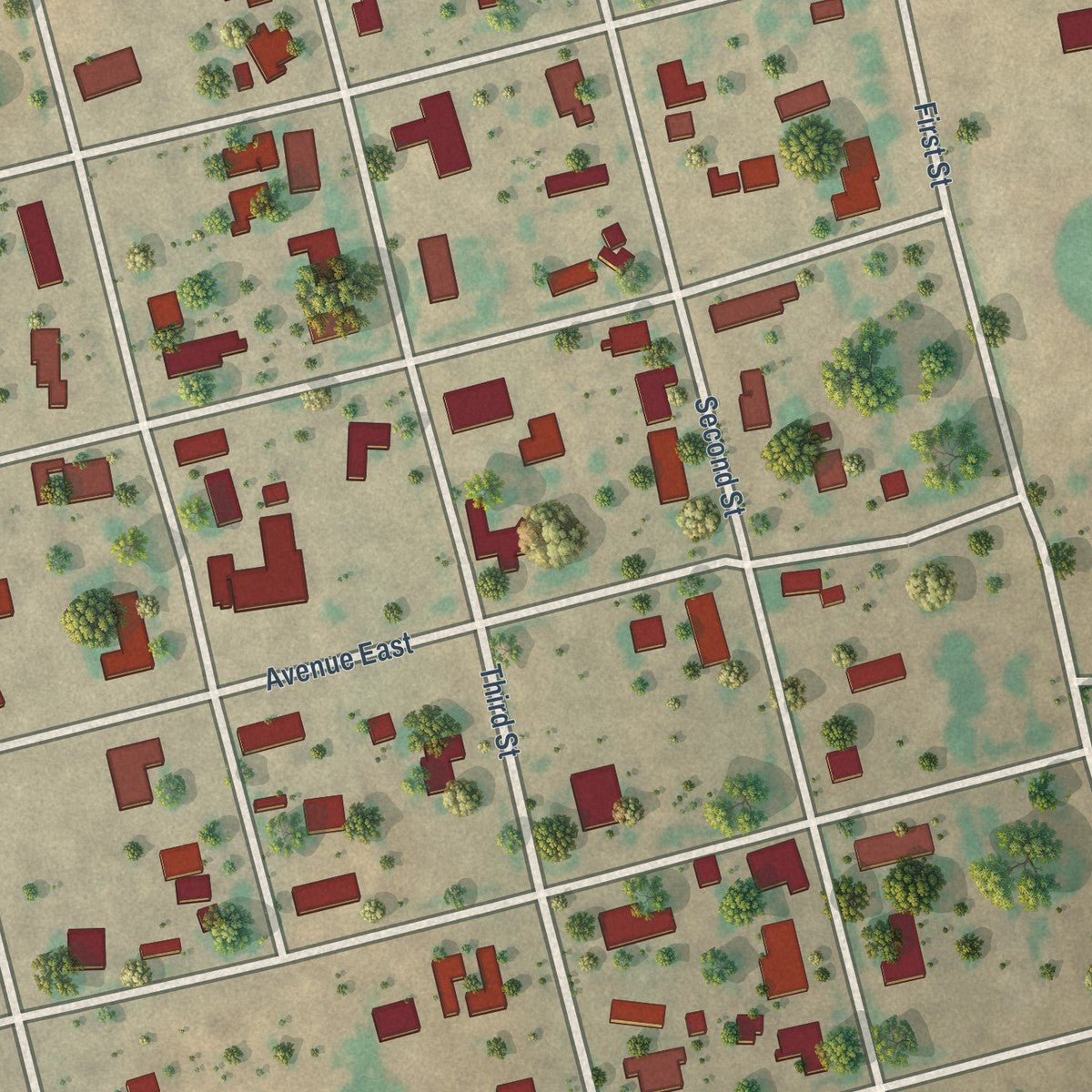 Close-up of the map of Ackerly, Texas print showing street and building detail