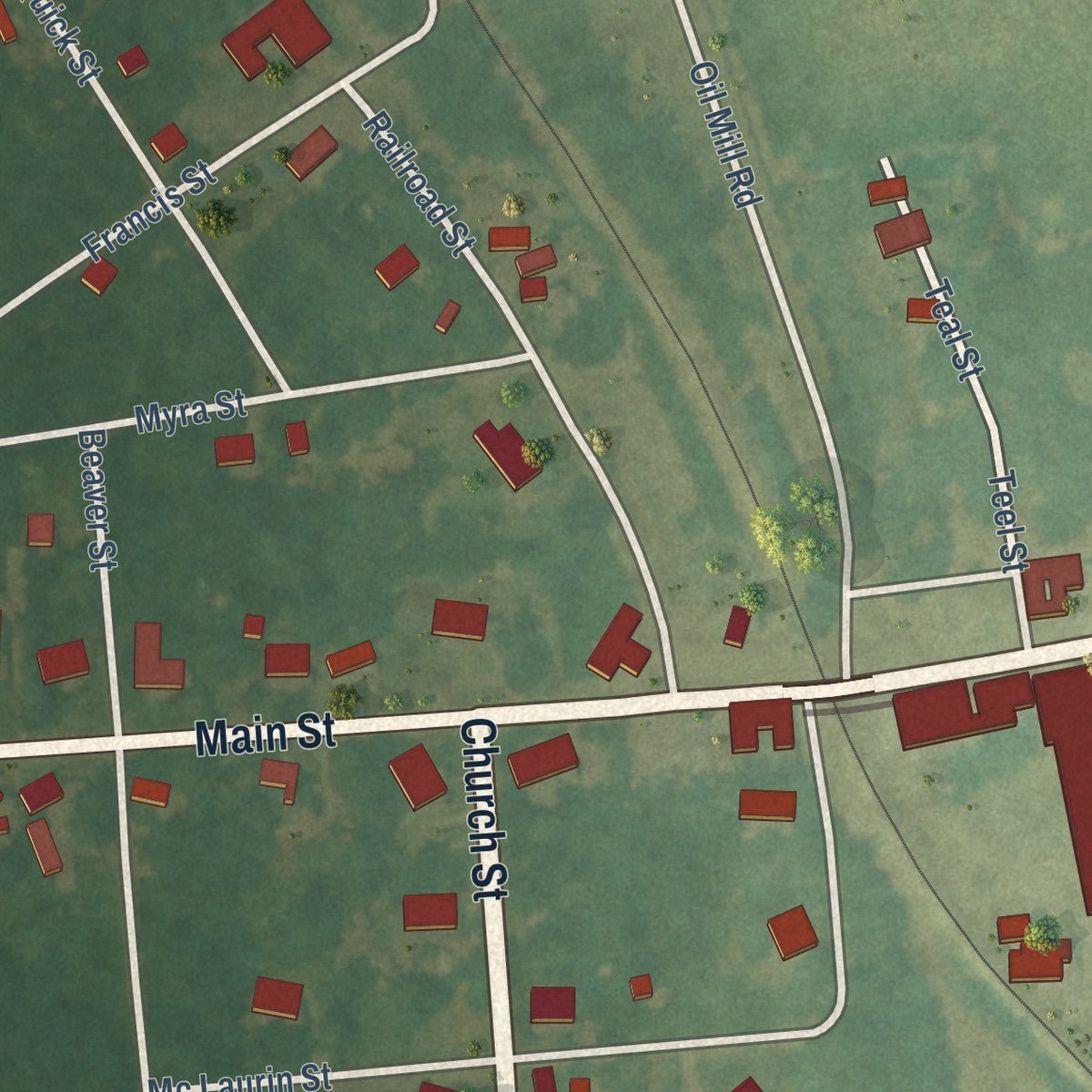 Close-up of the map of Gibson, North Carolina print showing street and building detail