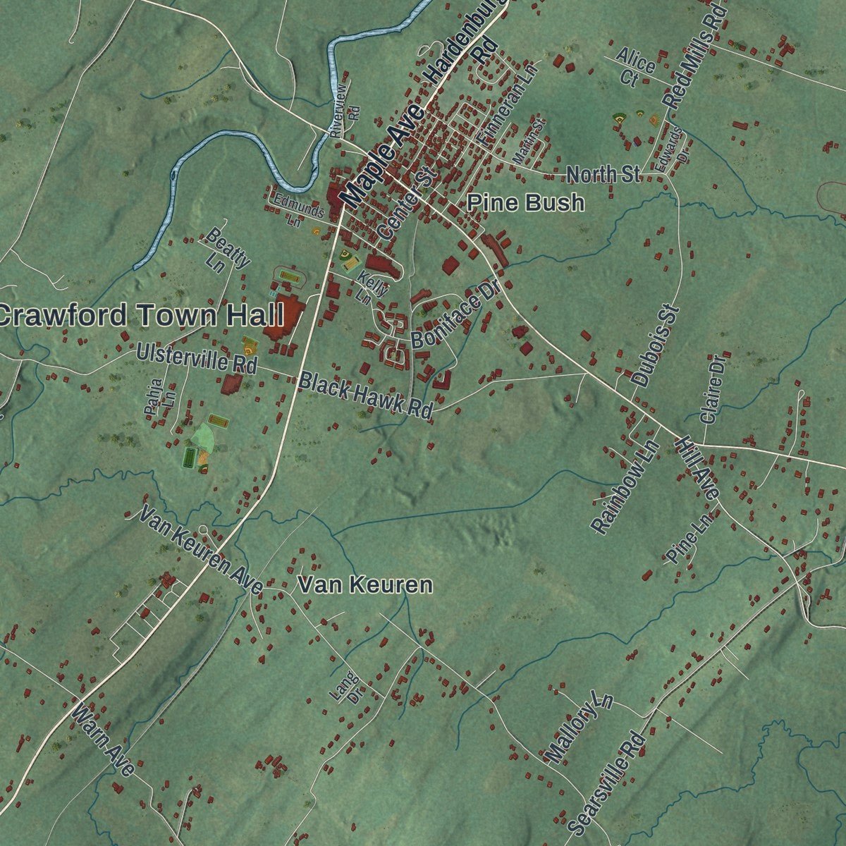 Close-up of the map of Crawford, New York print showing street and building detail
