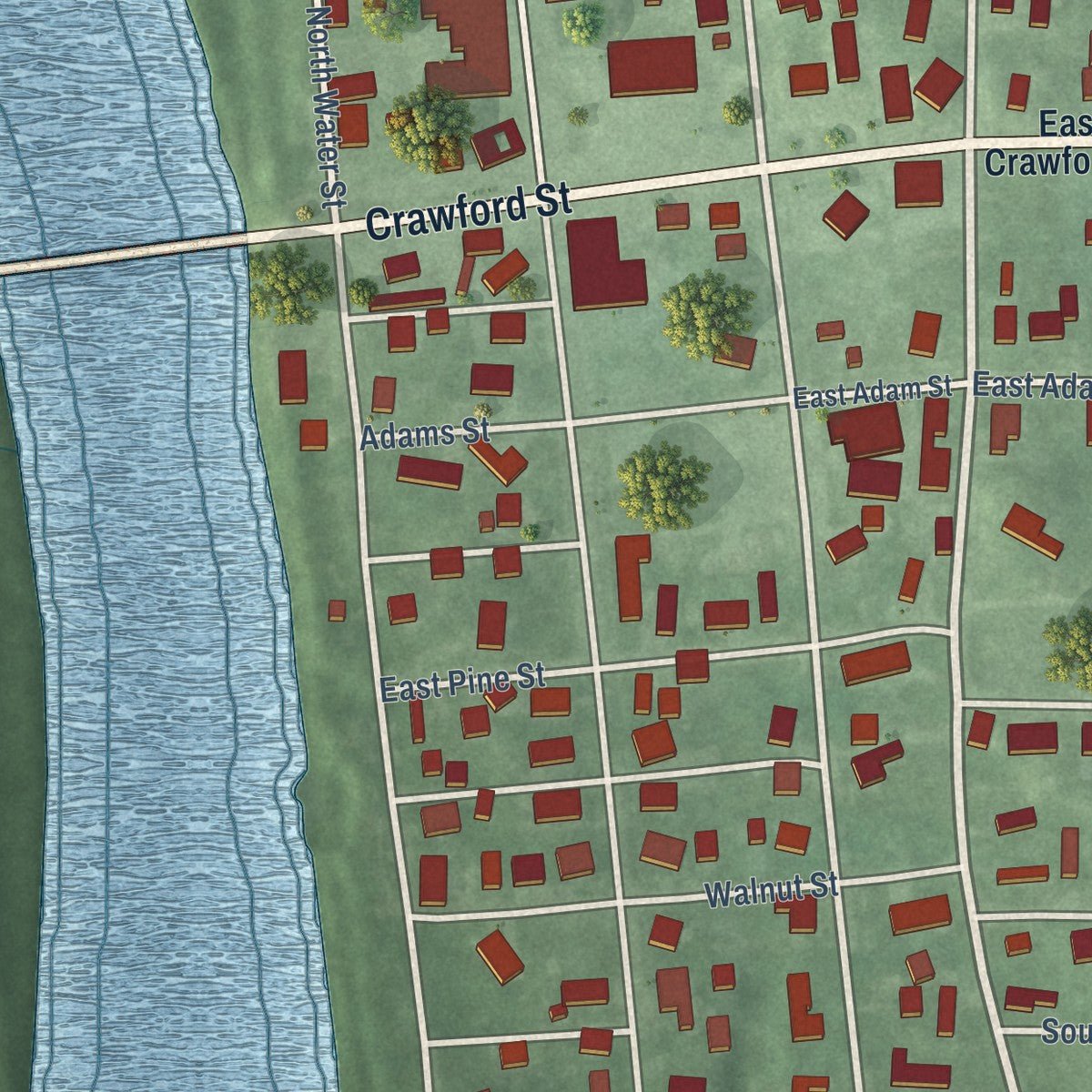 Close-up of the map of Montezuma, Indiana print showing street and building detail