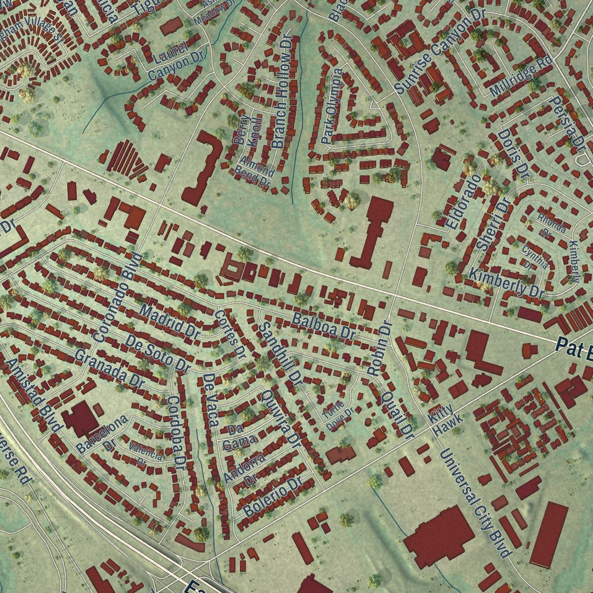 Close-up of the map of Universal City, Texas print showing street and building detail
