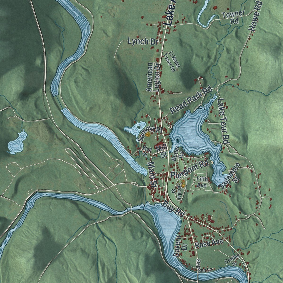 Close-up of the map of Lake Luzerne, New York print showing street and building detail