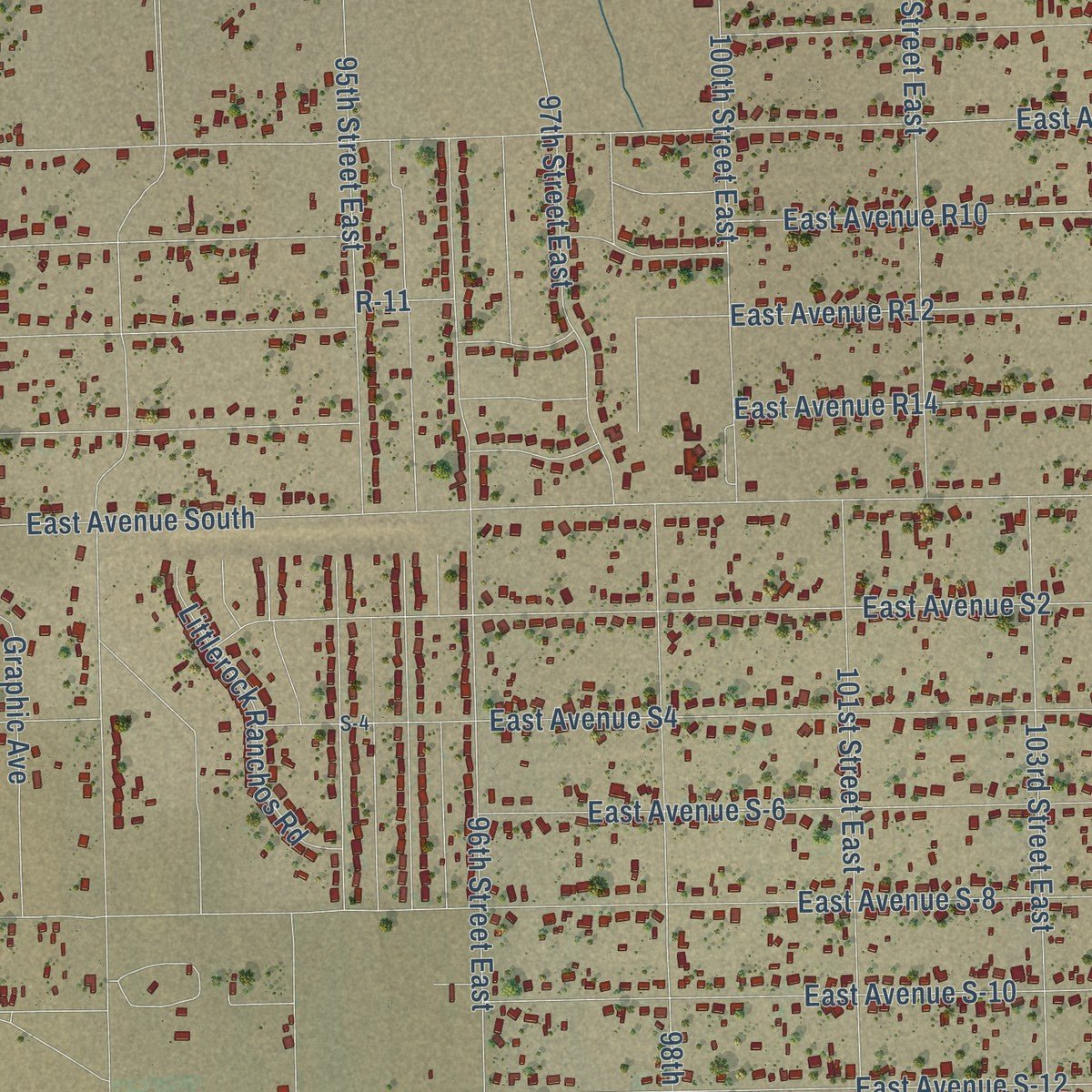 Close-up of the map of Sun Village, California print showing street and building detail