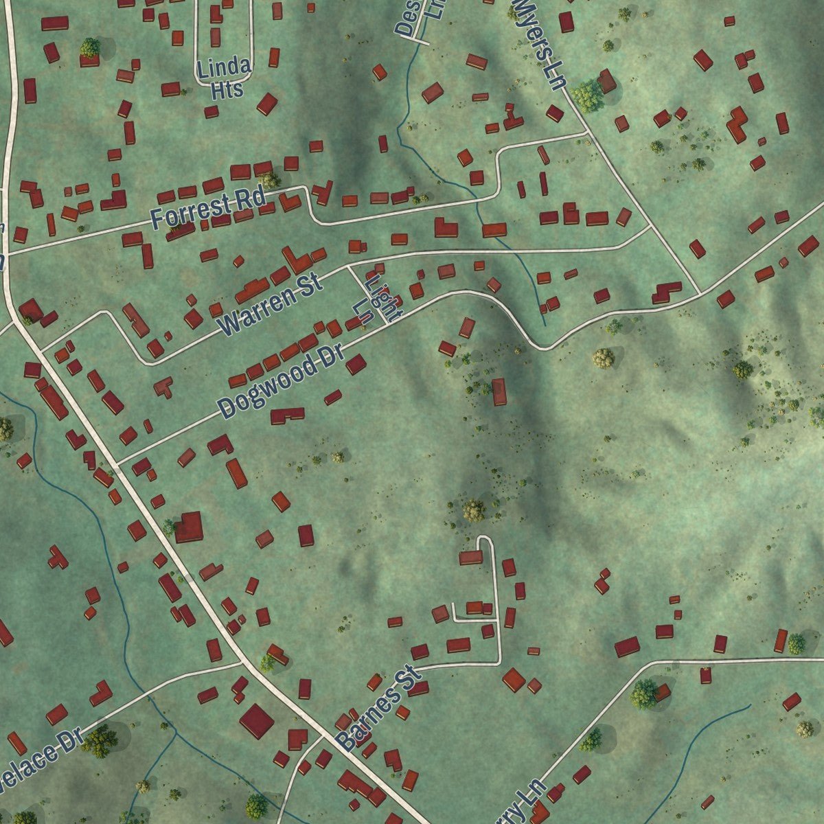 Close-up of the map of Fall Branch, Tennessee print showing street and building detail
