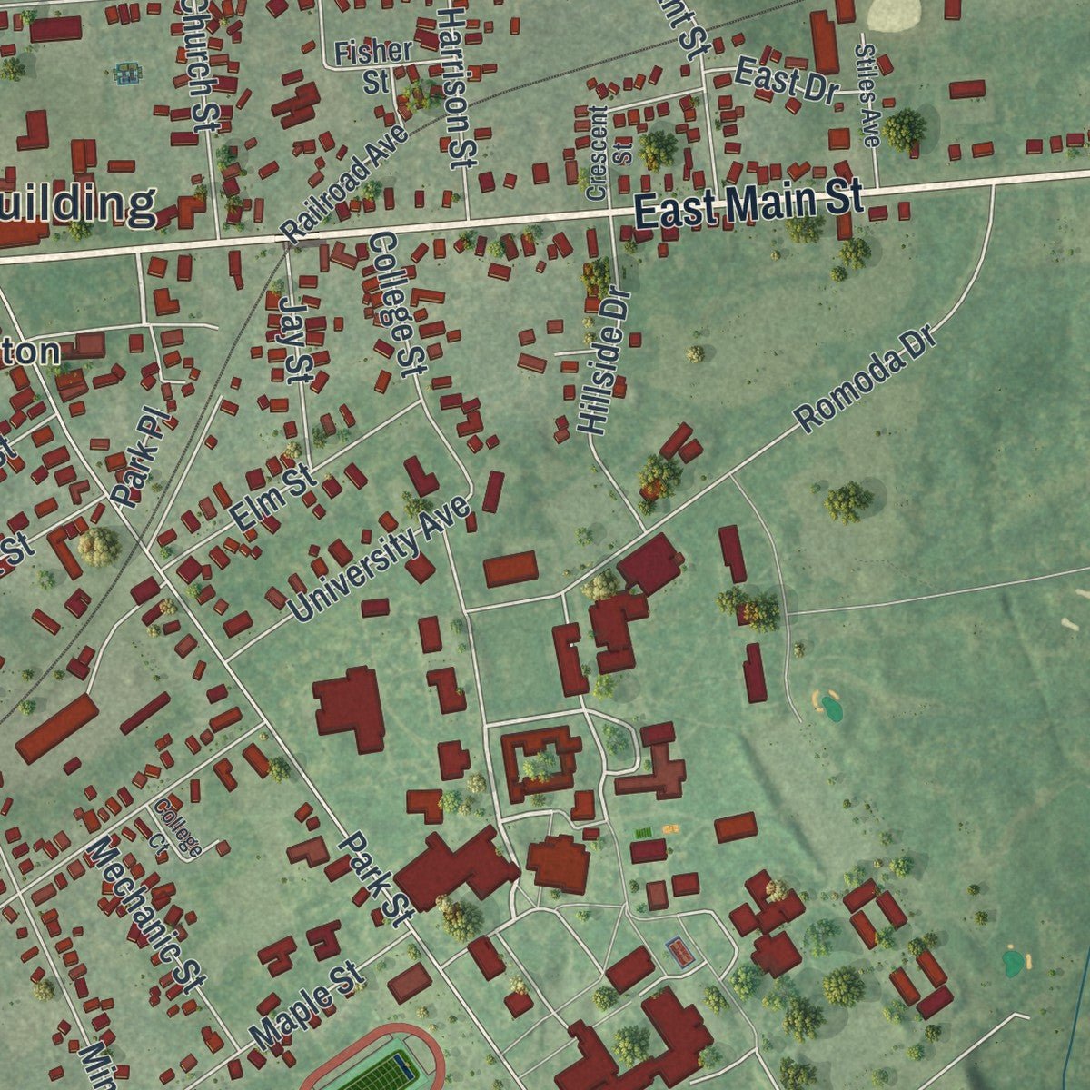 Close-up of the map of the Village of Canton, New York print showing street and building detail