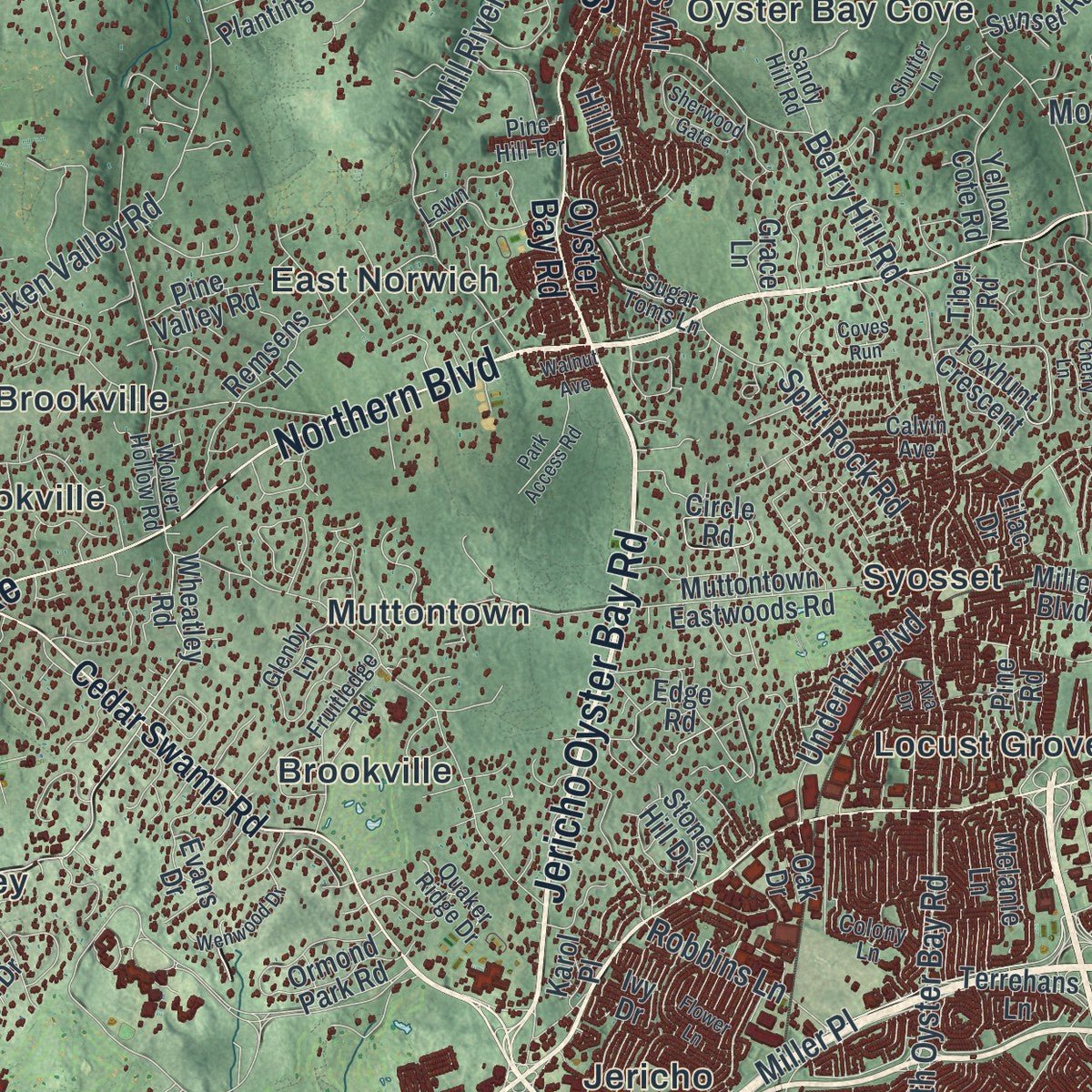 Close-up of the map of Oyster Bay, New York print showing street and building detail