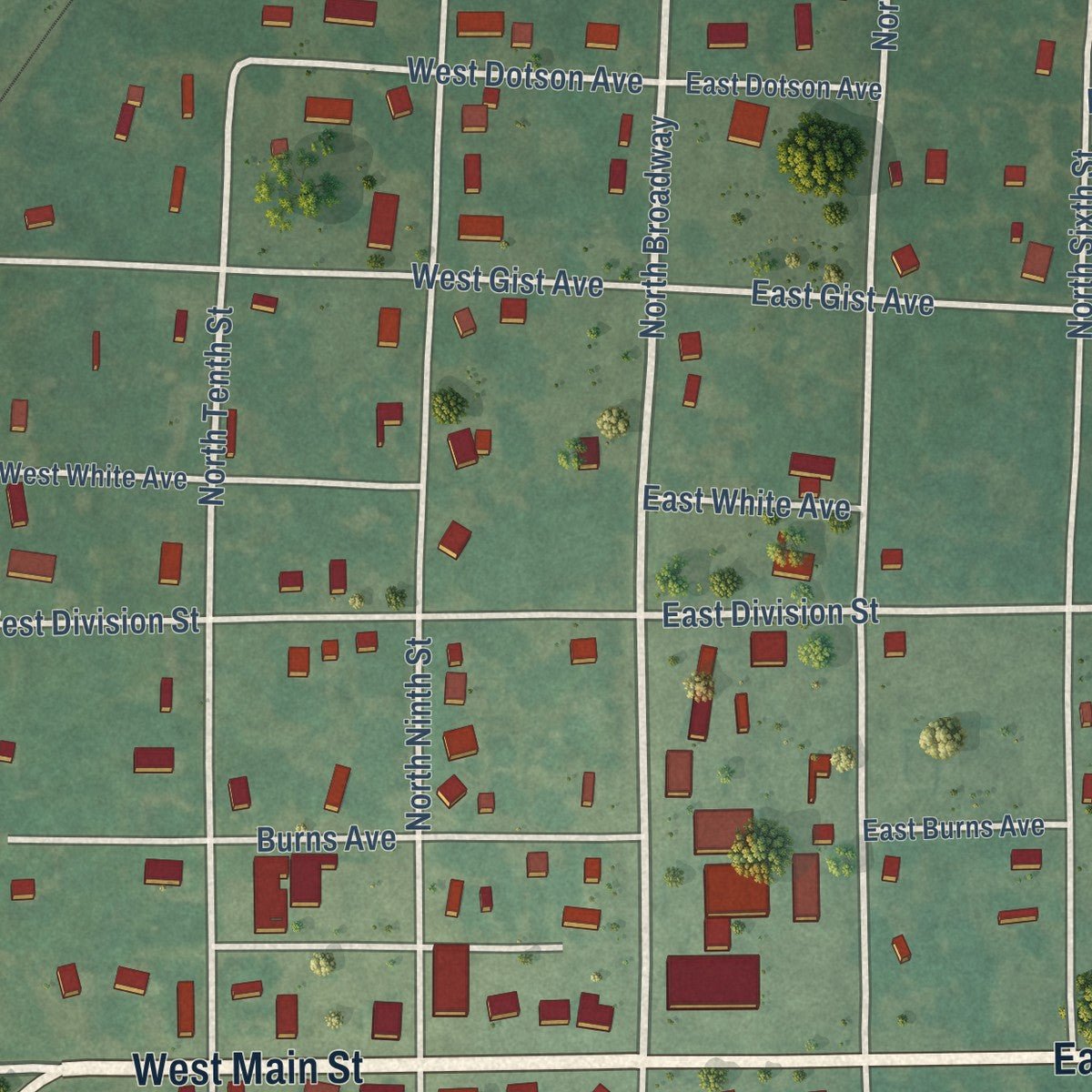 Close-up of the map of Roff, Oklahoma print showing street and building detail