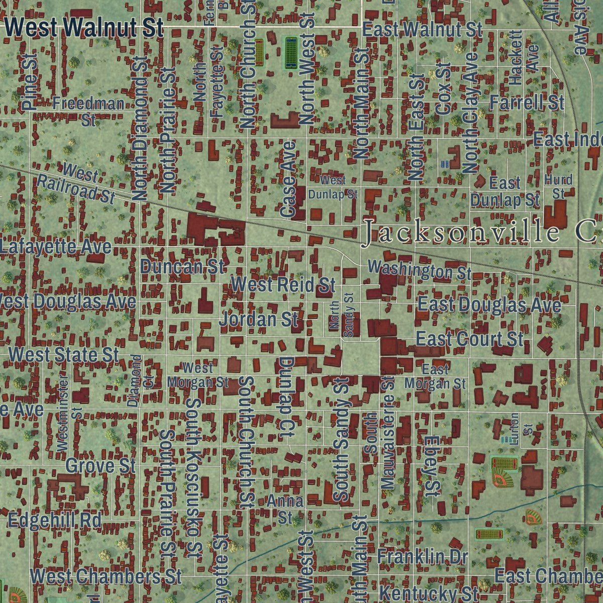 Close-up of the map of Jacksonville, Illinois print showing street and building detail