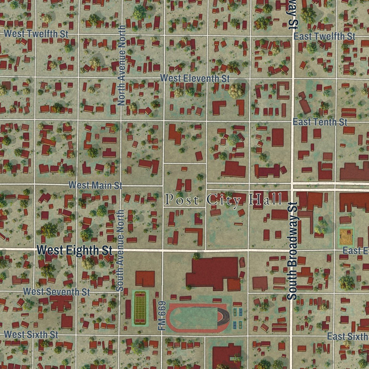 Close-up of the map of Post, Texas print showing street and building detail