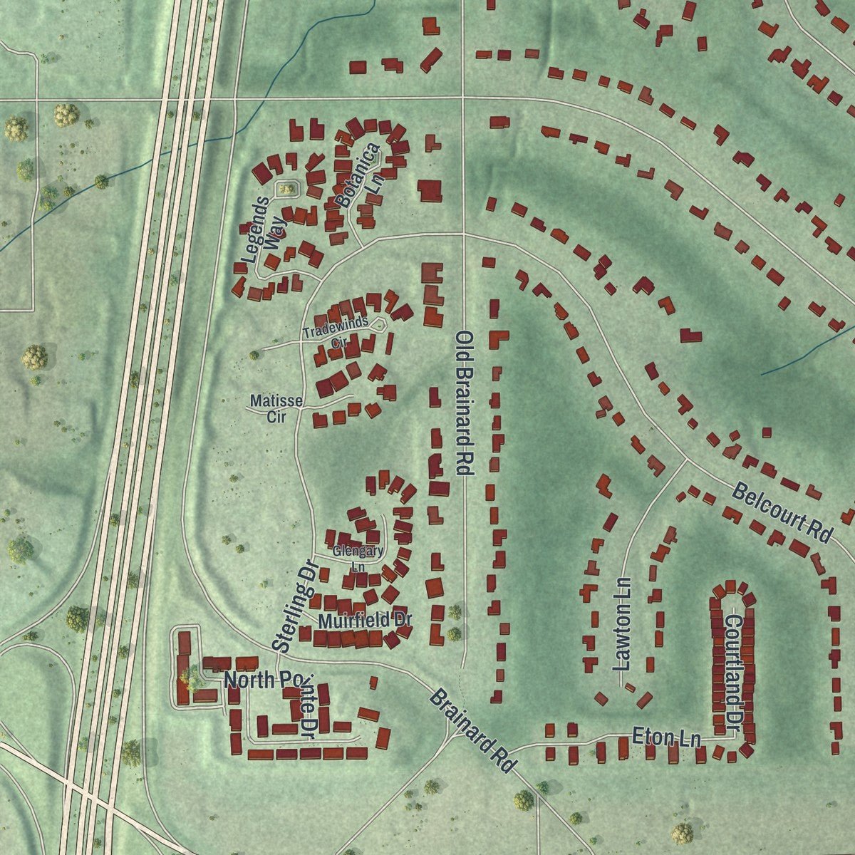 Close-up of the map of Pepper Pike, Ohio print showing street and building detail
