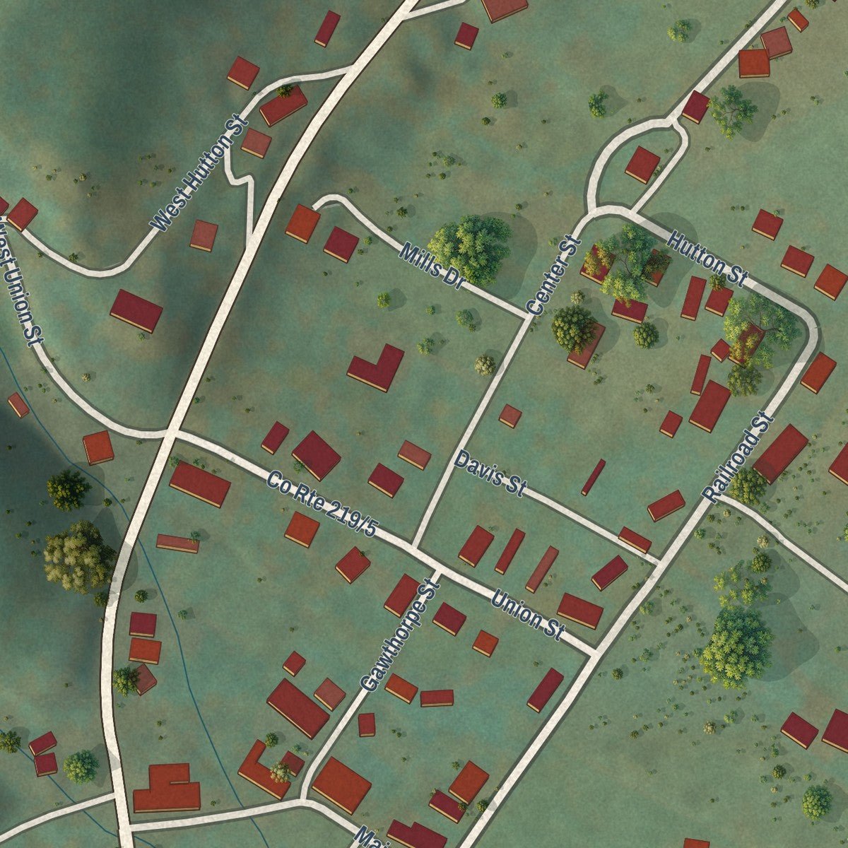 Close-up of the map of Huttonsville, West Virginia print showing street and building detail